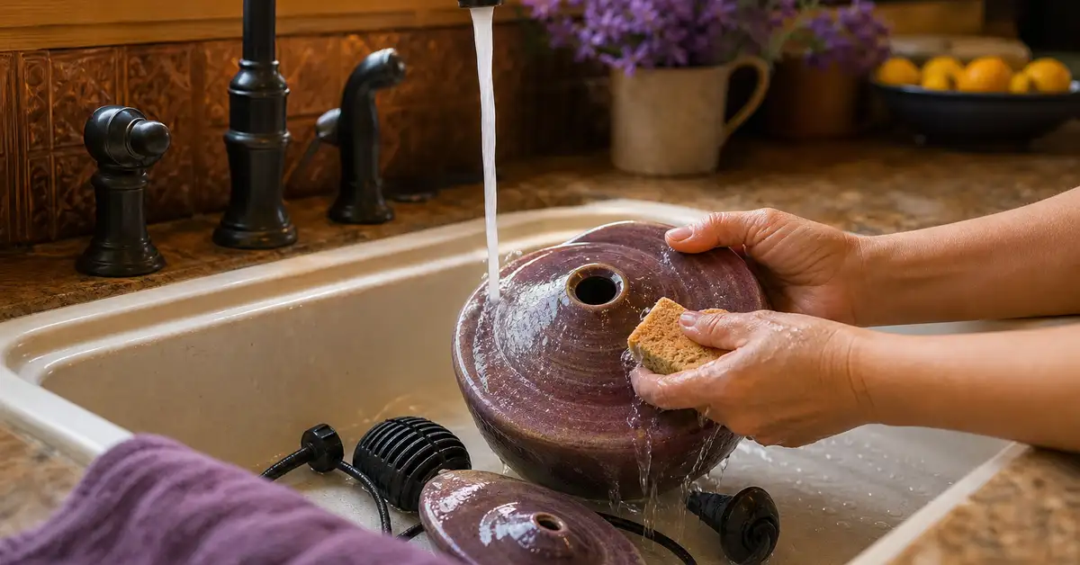 A ceramic water fountain basin and pump parts being washed by hand at a kitchen sink