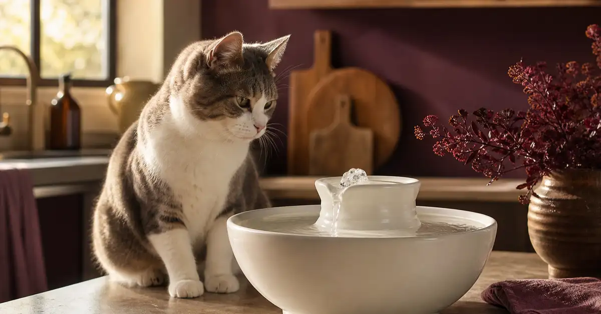 An elegant white ceramic cat water fountain with a gentle bubbling stream in a warm kitchen