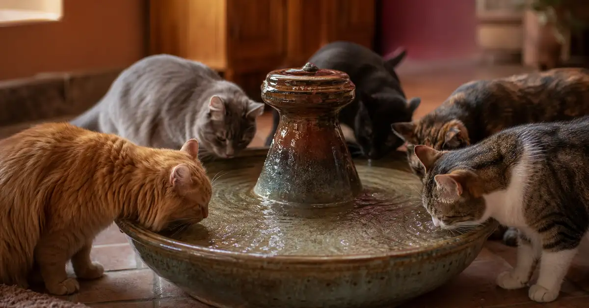 A large wide ceramic water fountain with multiple cats drinking from different sides