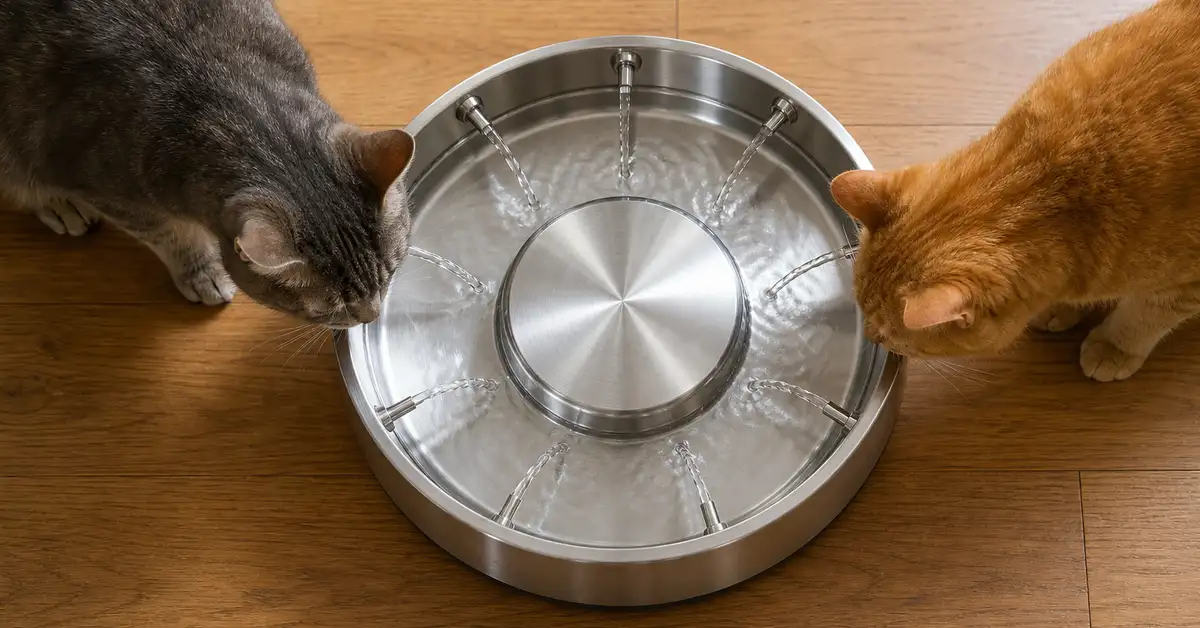 Overhead view of a round multi-stream cat water fountain showing wide simultaneous access from several angles