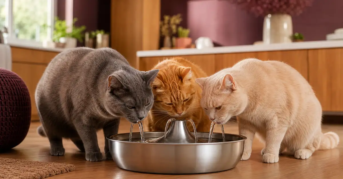 Several cats drinking at once from a wide stainless steel water fountain in a bright kitchen