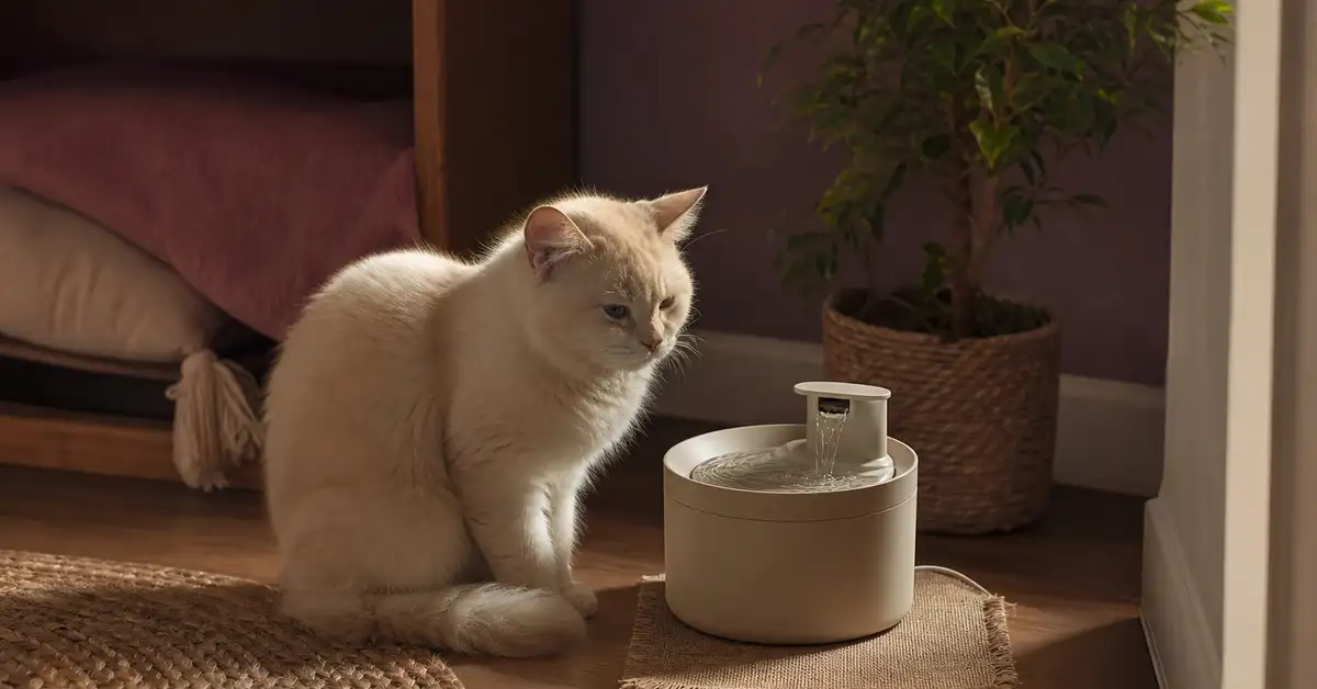 A small satellite cat water fountain placed in a quiet corner away from the main household traffic