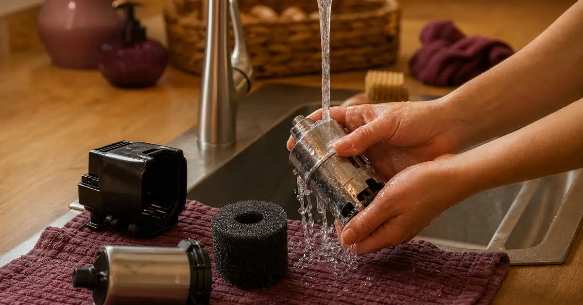 Stainless steel water fountain pump and filter parts being cleaned by hand at a kitchen sink