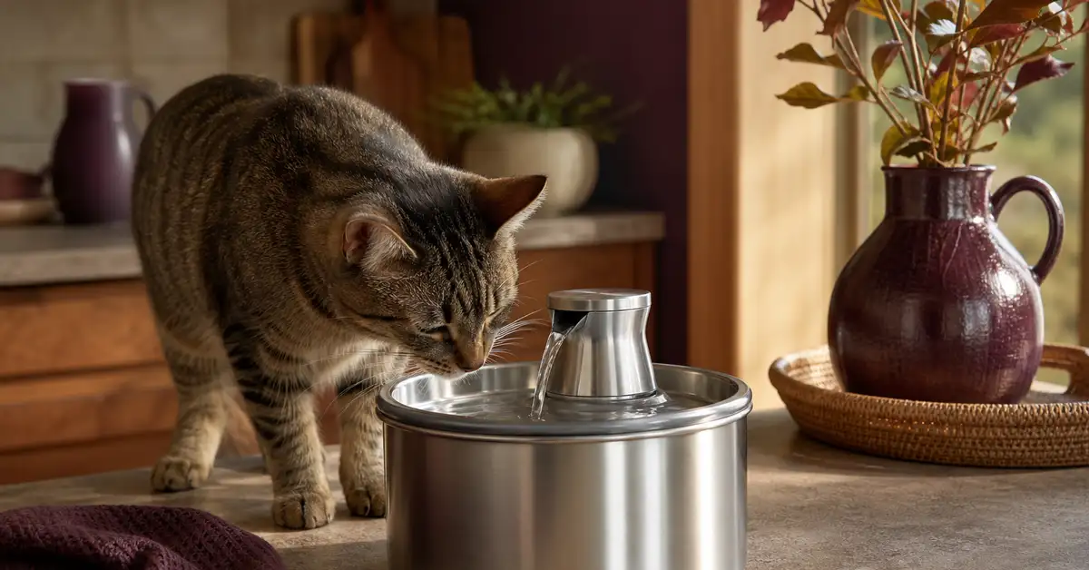 A cat approaching a sleek stainless steel water fountain on a kitchen counter