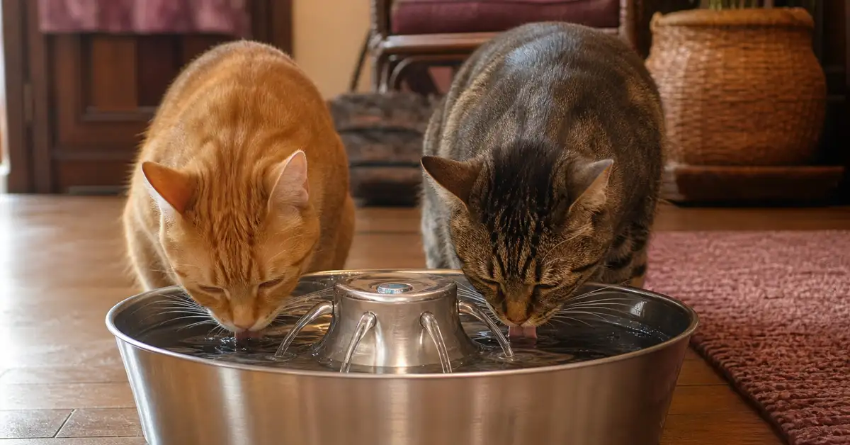 Two cats drinking together from a large wide stainless steel multi-stream water fountain