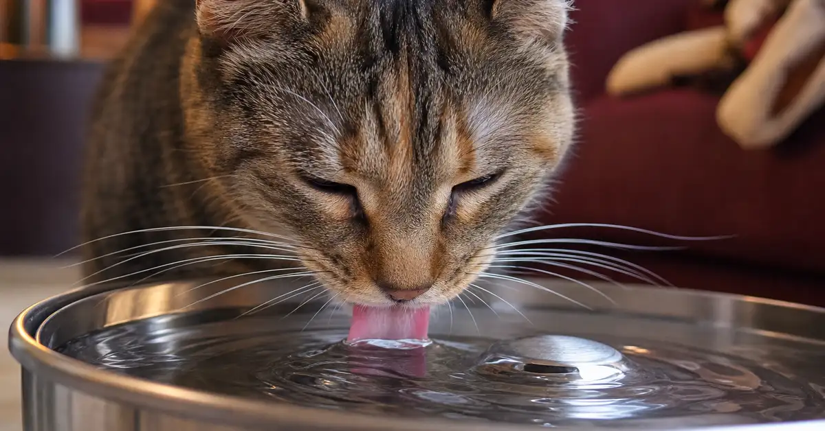 Close-up of a cat drinking from a wide, shallow stainless steel fountain basin without whiskers touching the sides