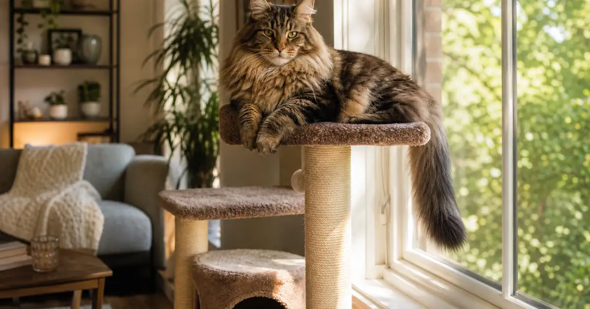 A large cat perched on a tall multi-level cat tree near a sunny window