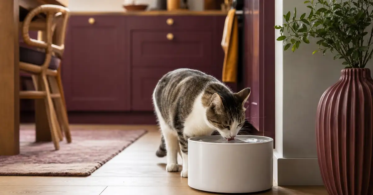 A cat drinking from a circulating water fountain in a warm home kitchen
