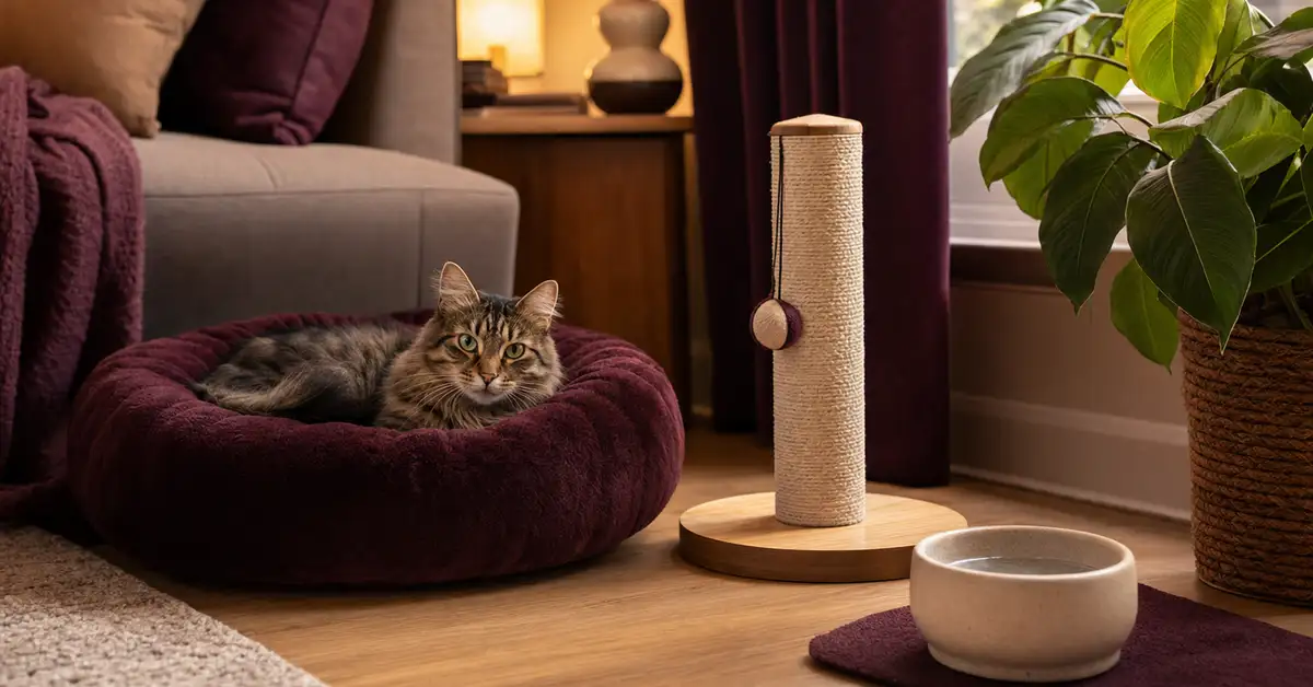 A warm curated corner of everyday cat essentials in a cosy home living room