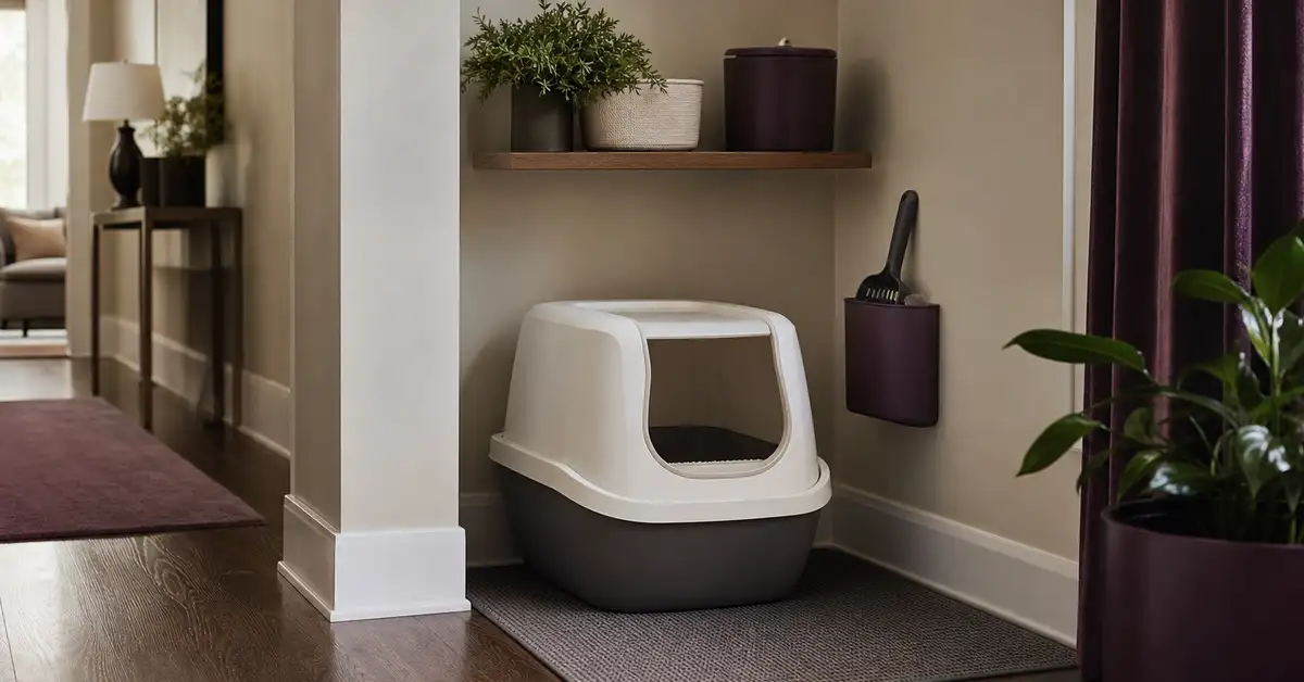 A clean automatic litter box area tucked into a home hallway corner