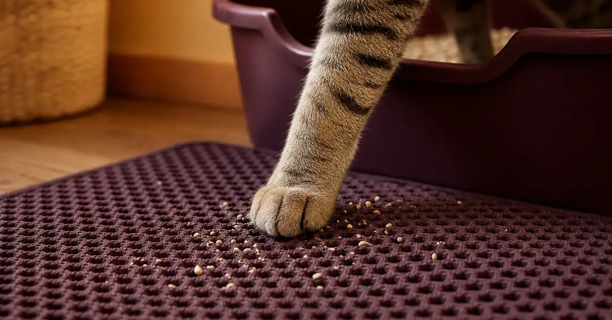 Close-up of a cat's paw stepping onto a textured litter-trapping mat beside a litter box