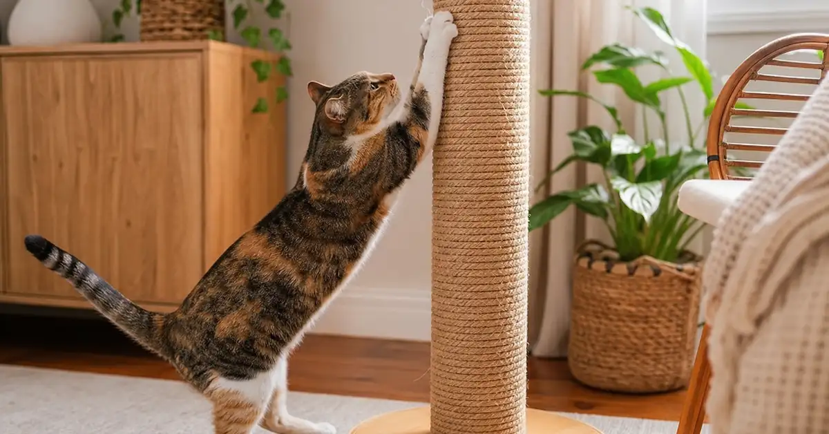 A cat stretching to scratch a tall sisal scratching post in a cosy living room