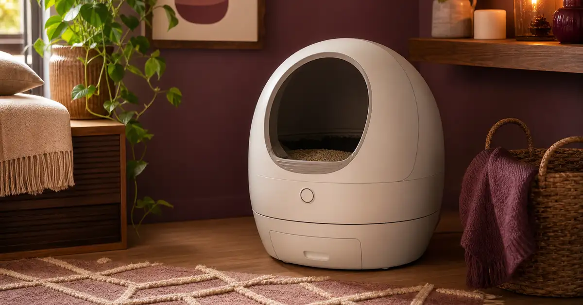 A modern automatic self-cleaning litter box appliance in a warm home nook