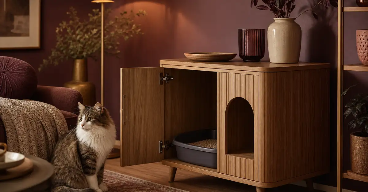 Stylish furniture-style cabinet disguising a litter box in a warm living room