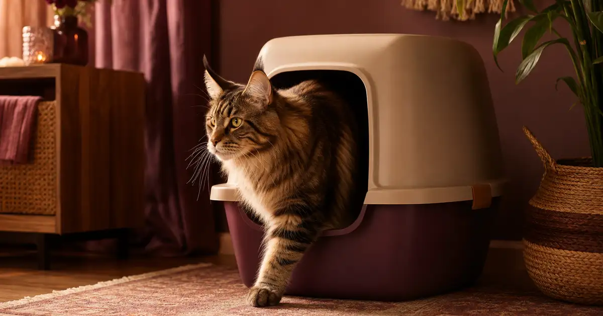 A large cat comfortably stepping into a spacious covered litter box