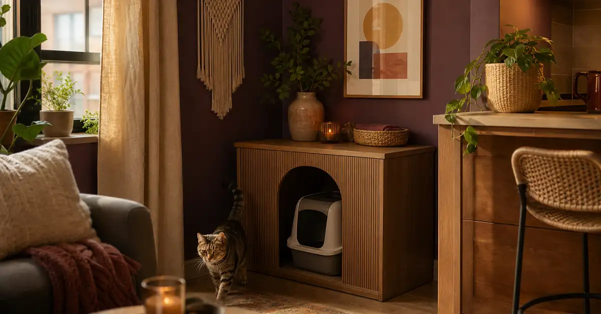 A discreet covered litter box enclosure tucked into a warm, quiet apartment corner