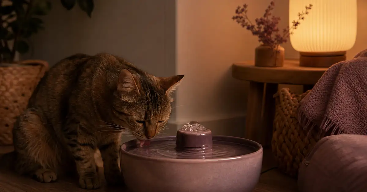 A calm cat drinking quietly from a round ceramic water fountain at night