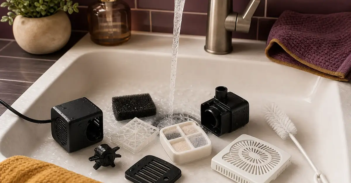 A disassembled water fountain pump and filter being cleaned in a home sink
