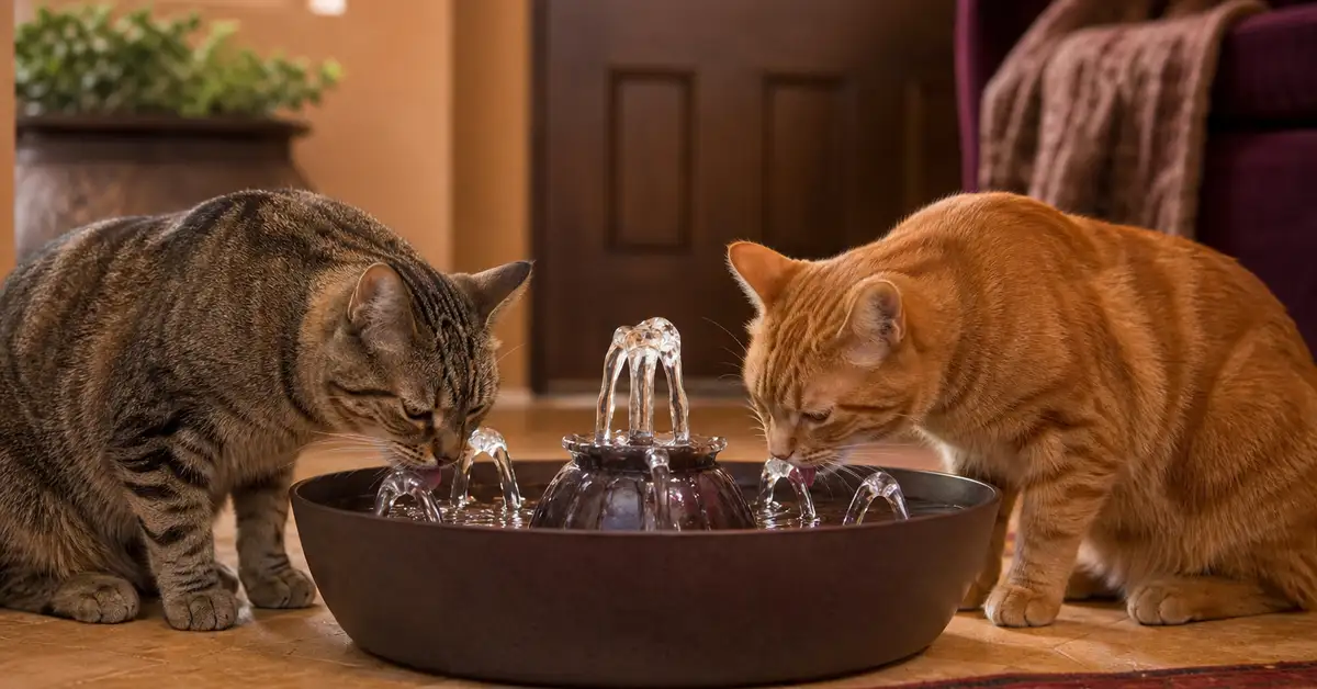 Multiple cats drinking together from a large multi-stream water fountain
