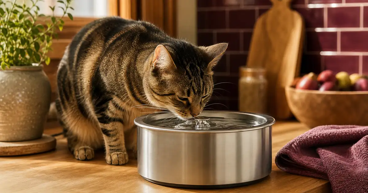 A cat drinking from a circulating stainless steel water fountain in a warm home kitchen