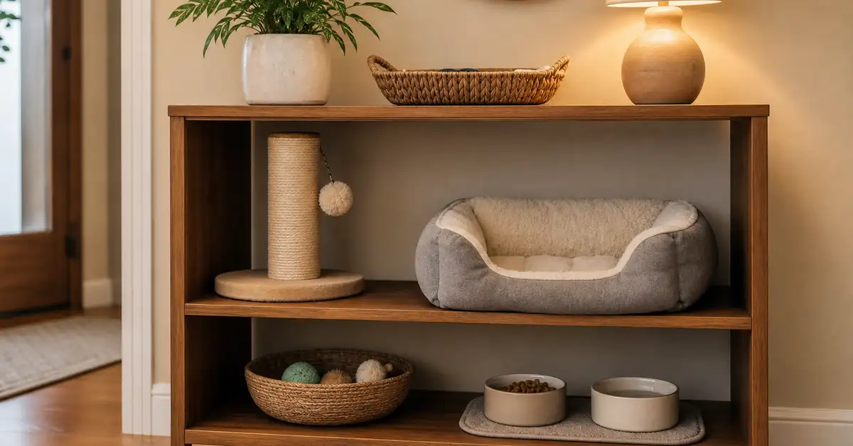 A tidy home shelf with everyday cat essentials including a scratching post, bed, and food bowl