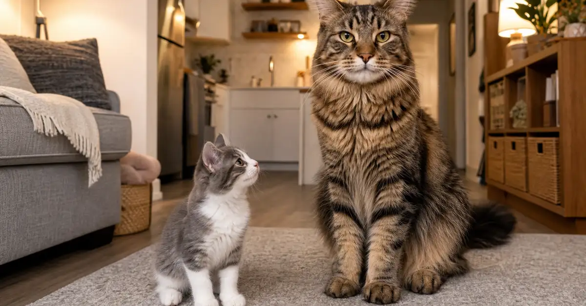 Two cats of different sizes sharing a small, well-organized apartment living space