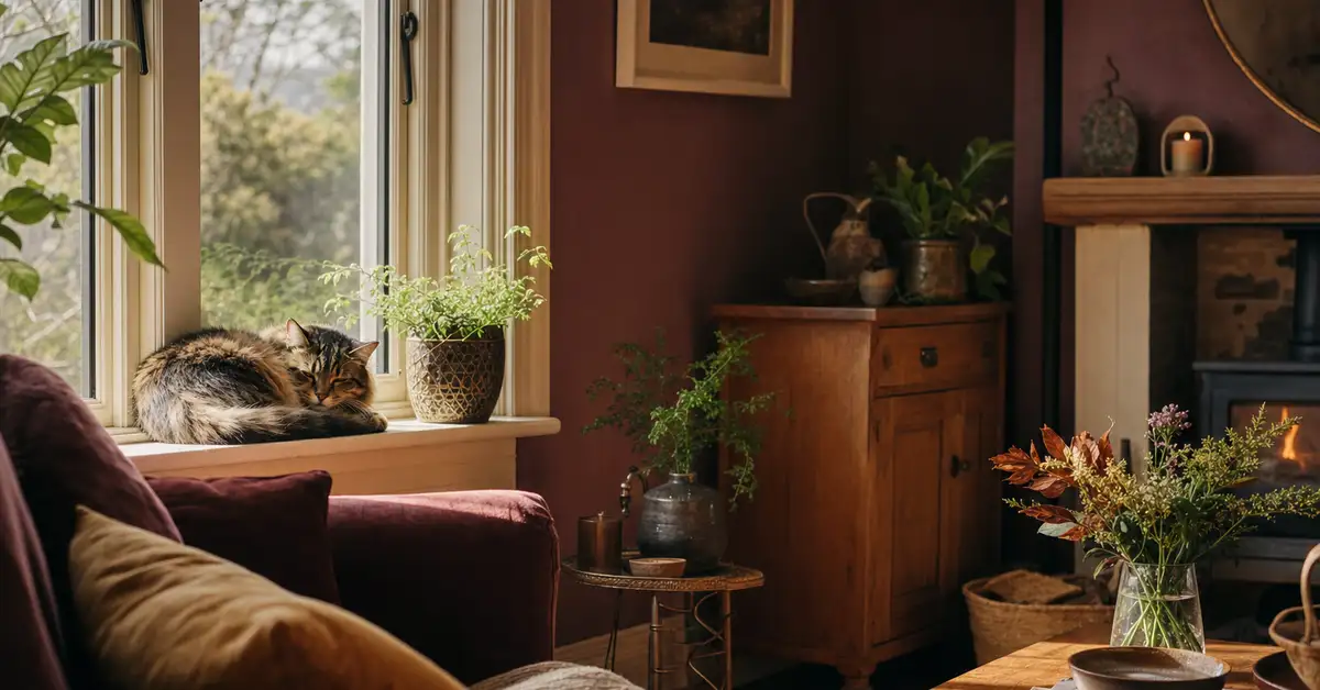 A contented cat curled up on a sunlit windowsill in a warm, welcoming home living room
