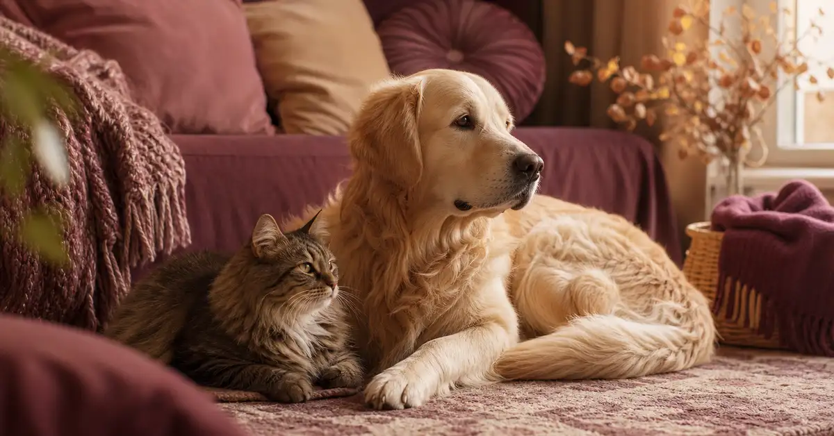 A cat and a dog sharing a calm, warm-toned home space peacefully