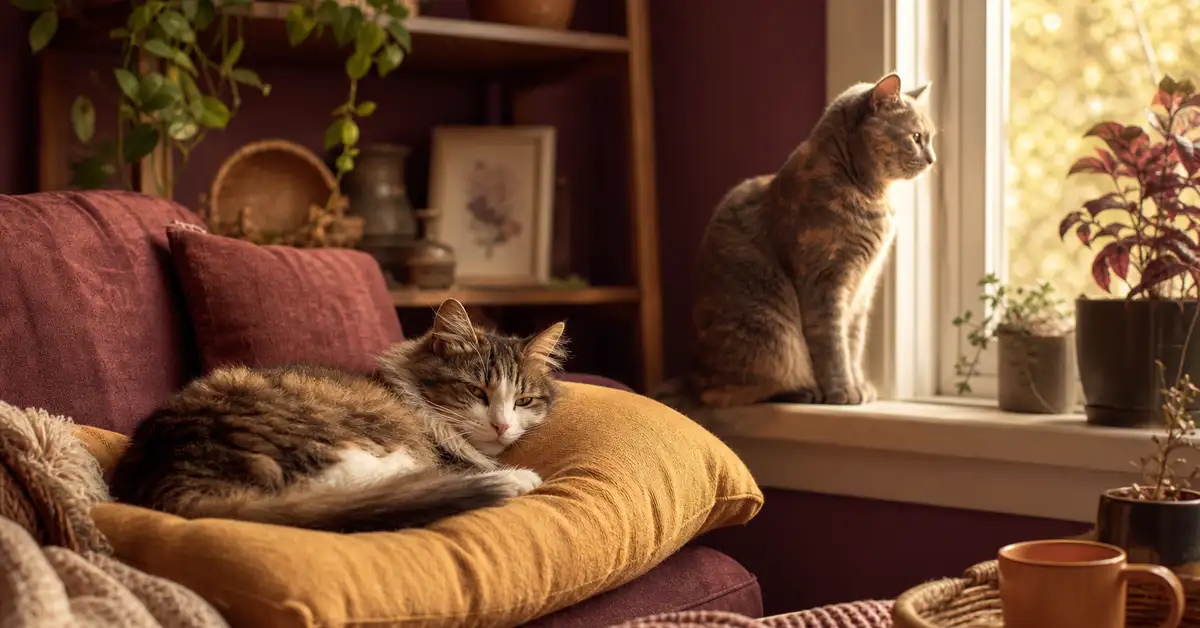 Two cats resting calmly together in a warm, sunlit living room