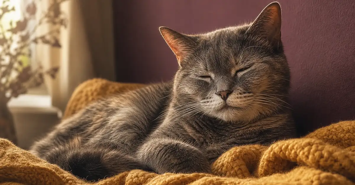 Senior cat resting peacefully on a soft blanket in warm light