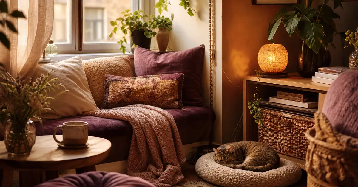 Cozy small apartment corner with a relaxed cat curled up nearby