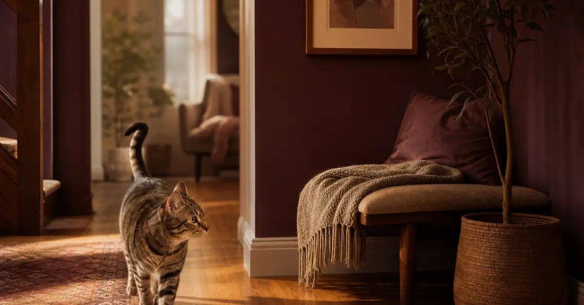 Calm cat walking through a warm, quiet home hallway corner