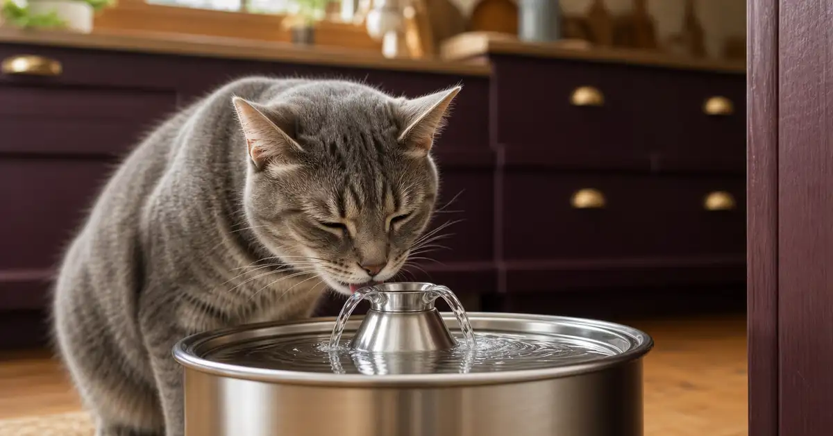 A cat drinking from a freshly cleaned, clear water fountain in a home kitchen
