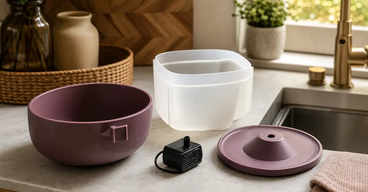 A cat water fountain disassembled into its basin, reservoir, and pump parts on a kitchen counter for cleaning