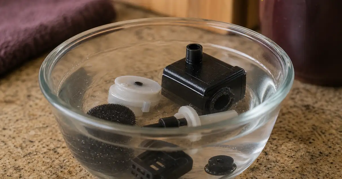 Cat water fountain pump parts soaking in a bowl of diluted vinegar solution to remove limescale