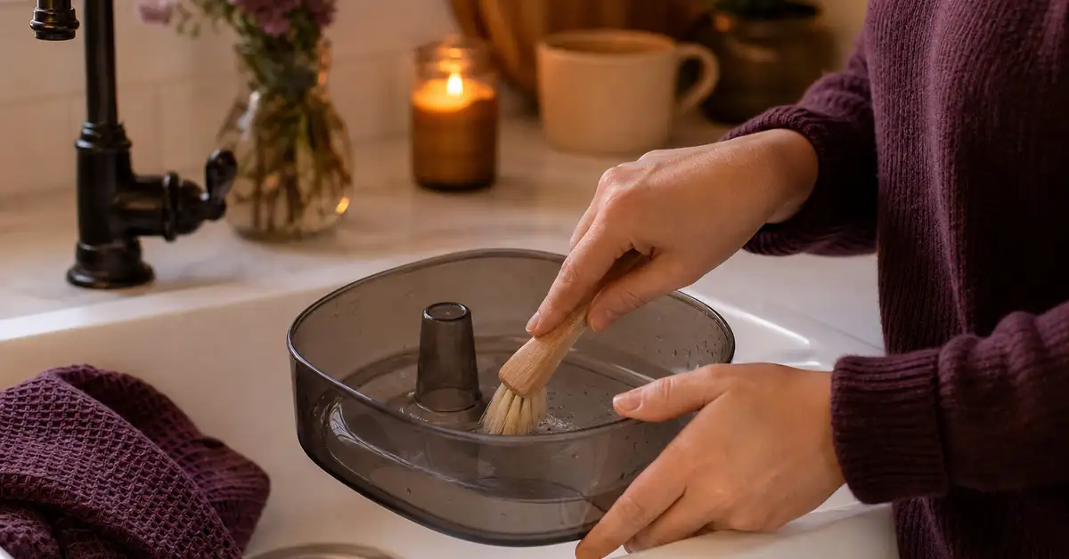Hands scrubbing the inside of a cat water fountain basin with a soft brush at the sink