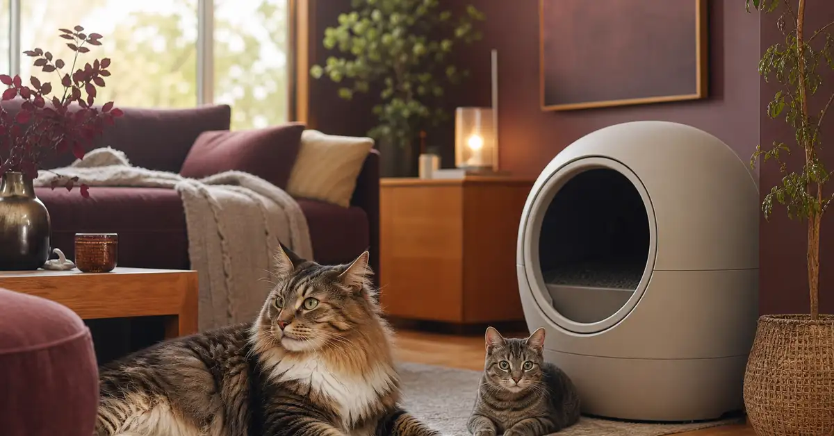 Two cats of different sizes resting near an automatic litter box in a warm multi-cat household living room