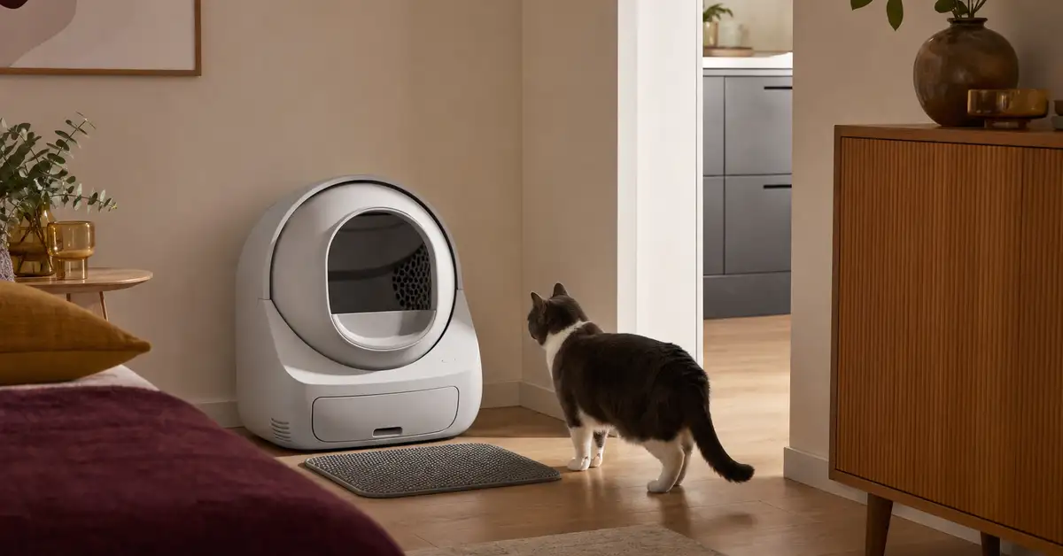 A compact automatic litter box tucked neatly into a small apartment corner, illustrating a small-space setup