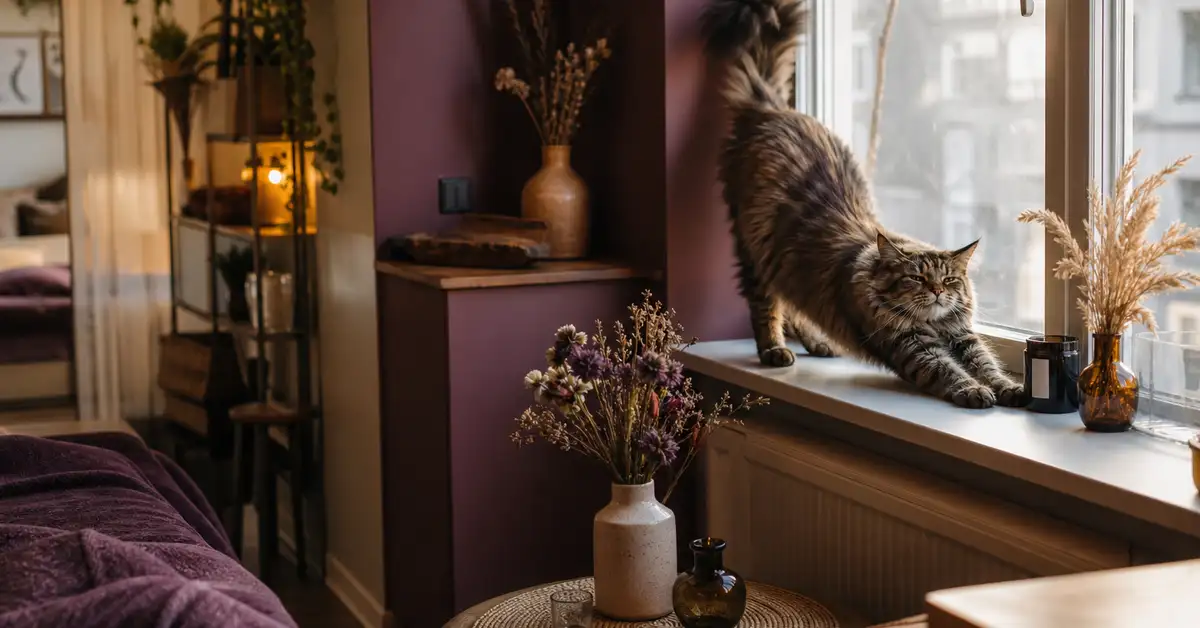 A large cat next to a compact automatic litter box, illustrating small-space and large-cat considerations