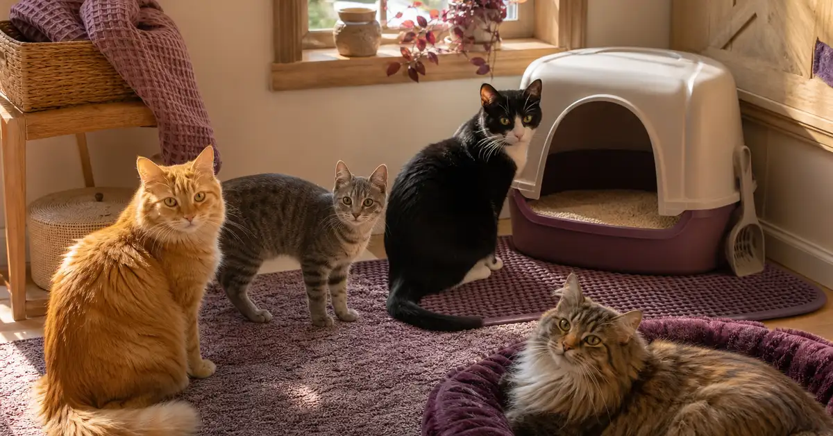 Multiple cats gathered near a litter area with a large trapping mat underneath in a multi-cat household