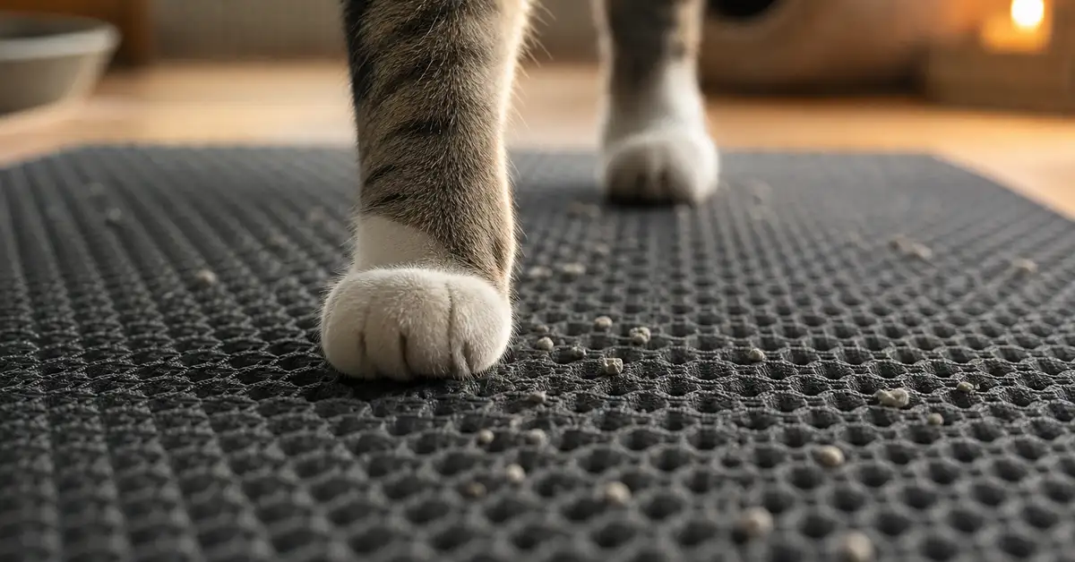 Close-up of a cat's paws stepping across a textured honeycomb-pattern litter mat with stray litter granules visible
