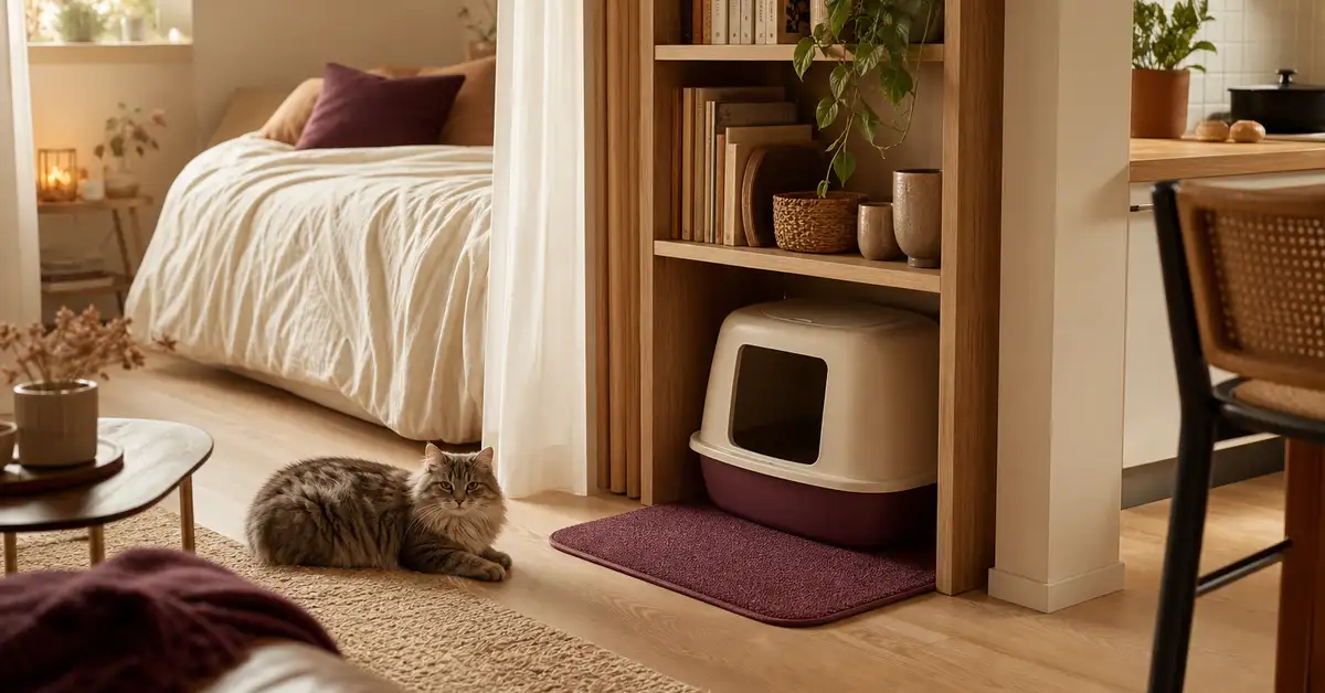 A compact litter box and mat tucked into a small apartment corner, illustrating a small-space setup