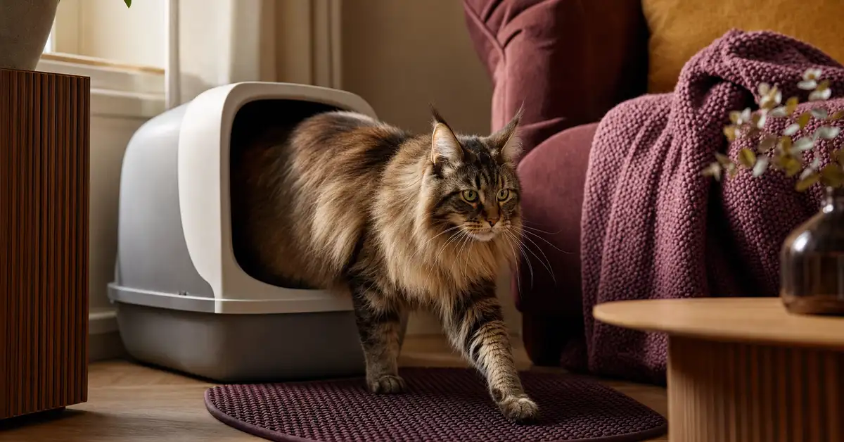 Large cat stepping off a textured anti-tracking litter mat beside a litter box in a warm home setting