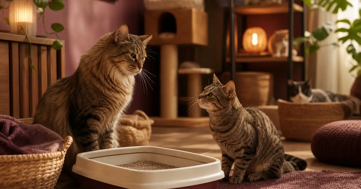 Two cats near a litter box in a warm multi-cat home