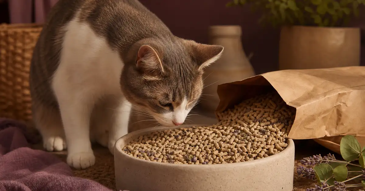 A calm cat near a bowl of natural plant-based litter granules