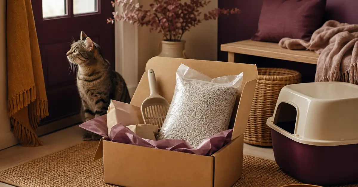A small monthly subscription delivery box with fresh cat litter supplies at a home entryway