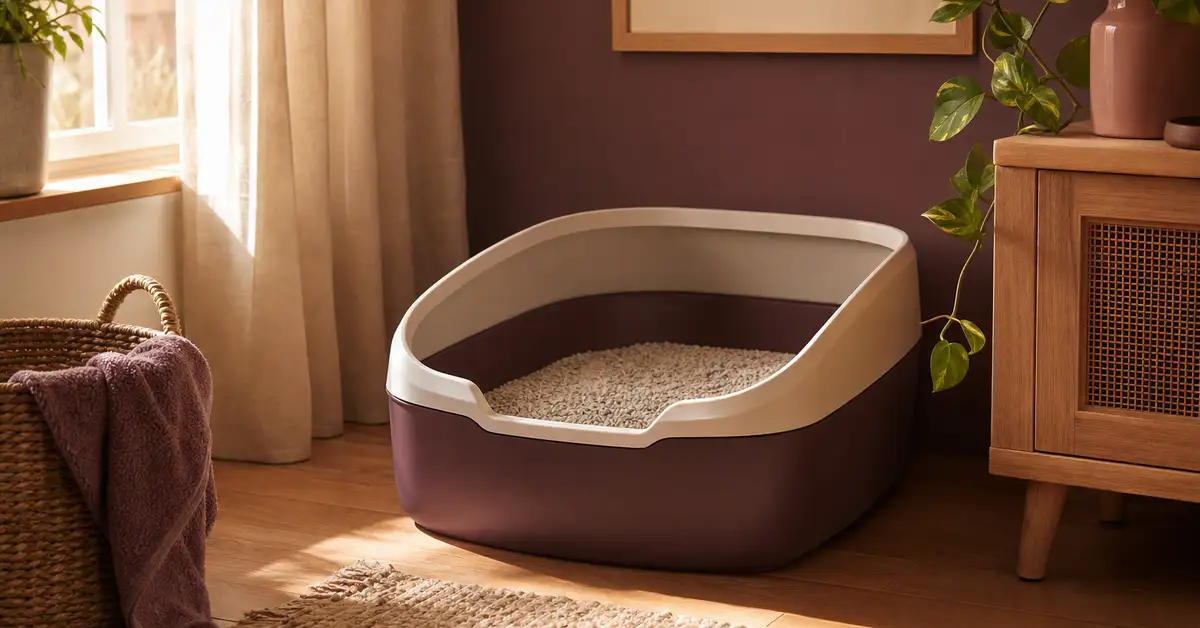 A clean, fresh litter box in a warm, quiet apartment corner with fresh litter