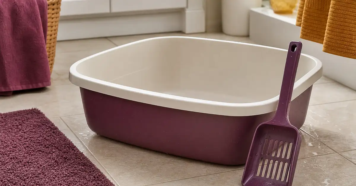 A litter scoop resting beside a clean, freshly washed litter box