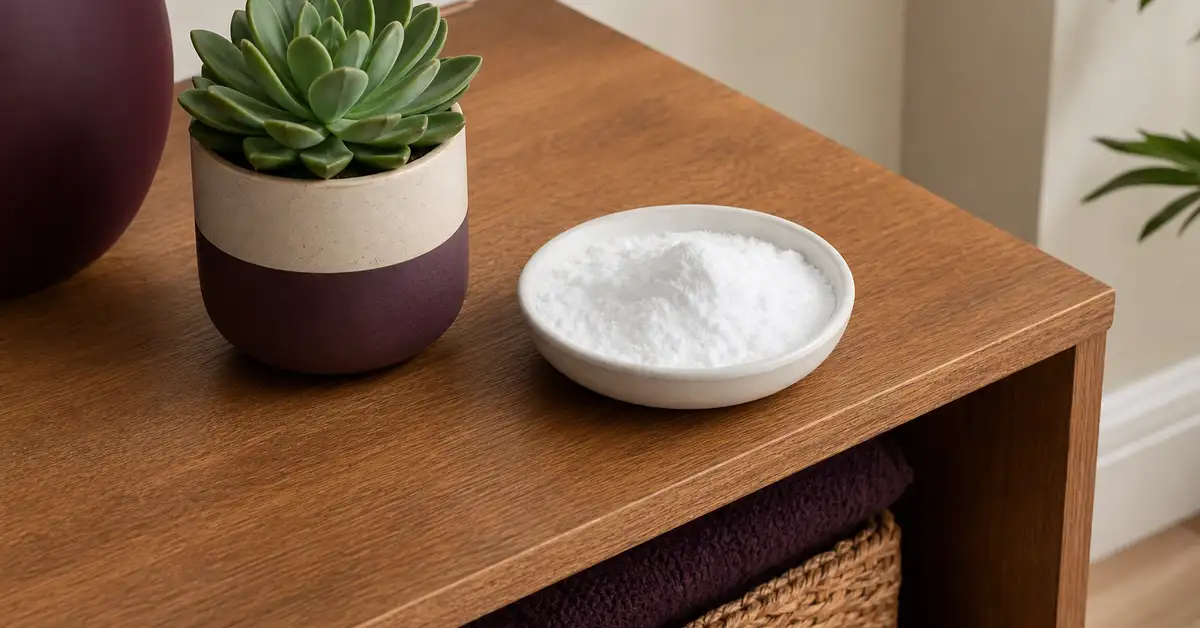 A small dish of baking soda on a tidy shelf near a home litter area, with a small plant nearby