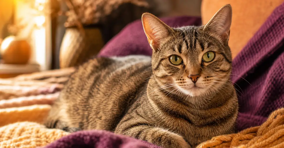 A calm, healthy-looking cat resting comfortably at home
